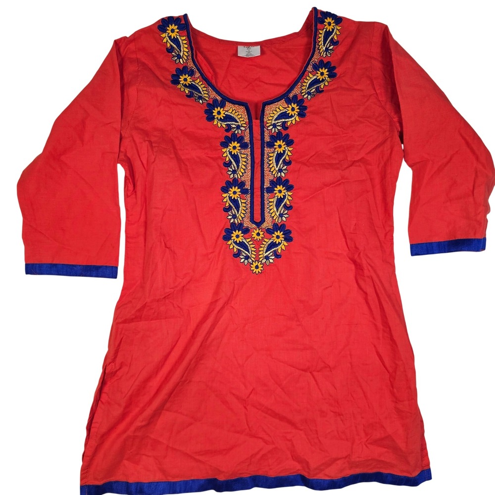 Karina Red Cotton Embroidered Tunic Top 3/4 Sleeve Floral Paisley Size Large
